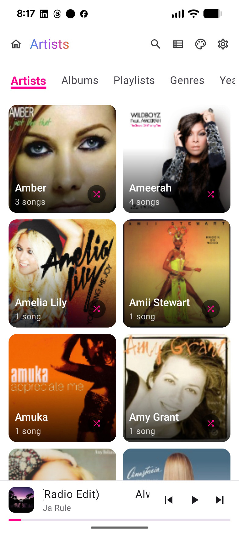 ShuffleIt artists screen with local library browse view