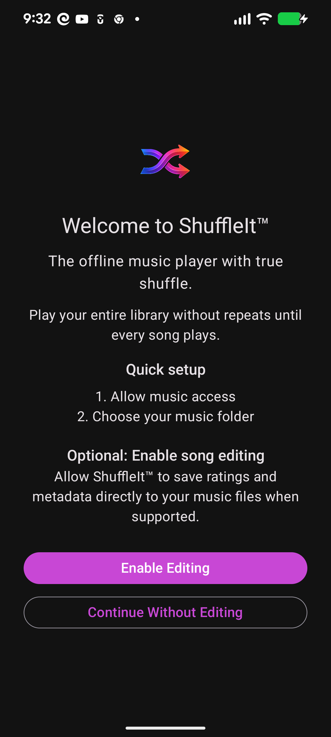 ShuffleIt welcome and setup screen