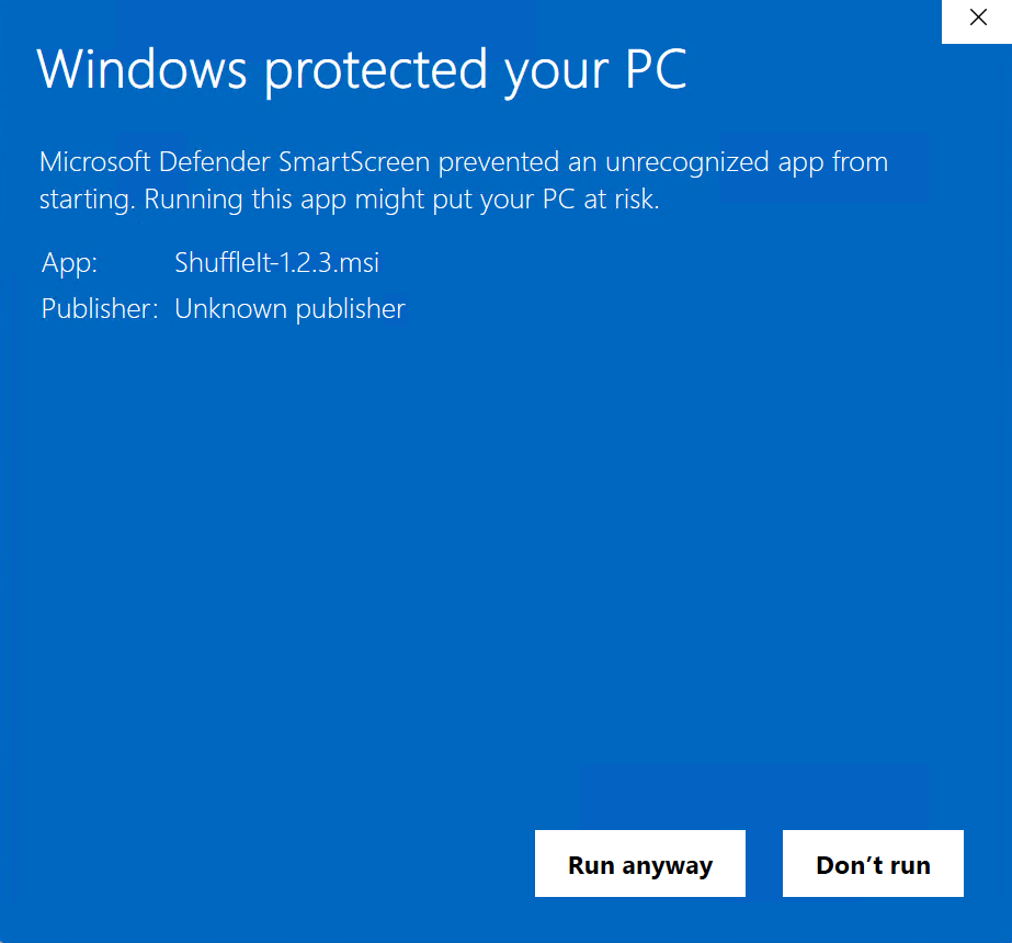 Windows SmartScreen dialog showing ShuffleIt installer with Run anyway button